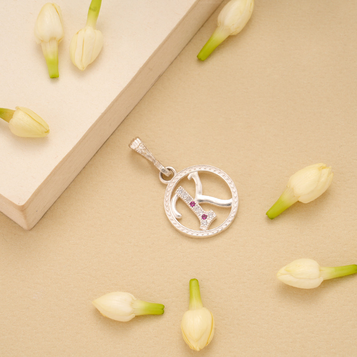 Circular K Alphabet with Stone Silver Pendant