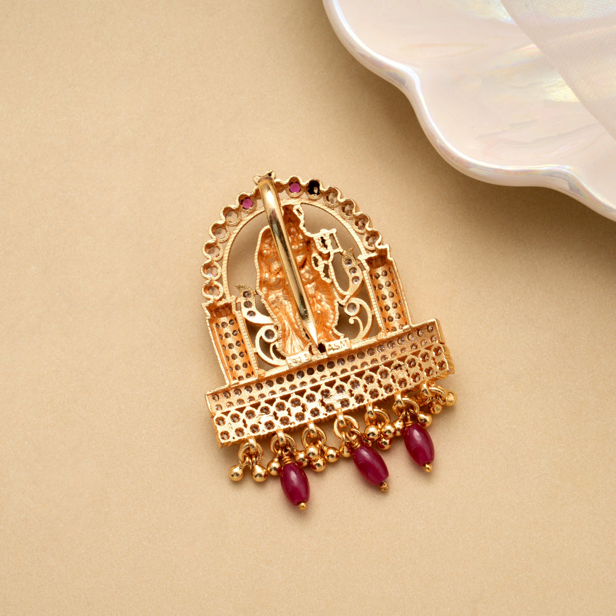 Beautiful Radha Krishna Red Beads Golden Pendant