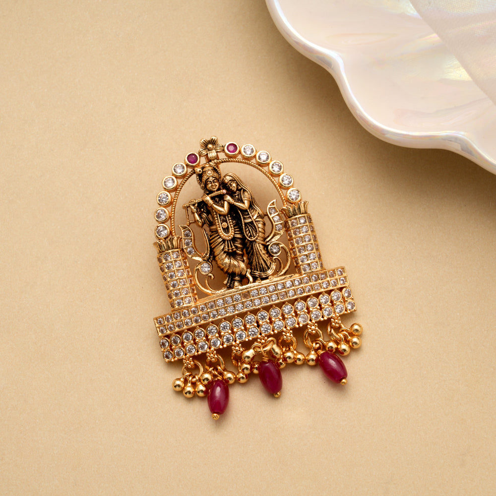 Beautiful Radha Krishna Red Beads Golden Pendant