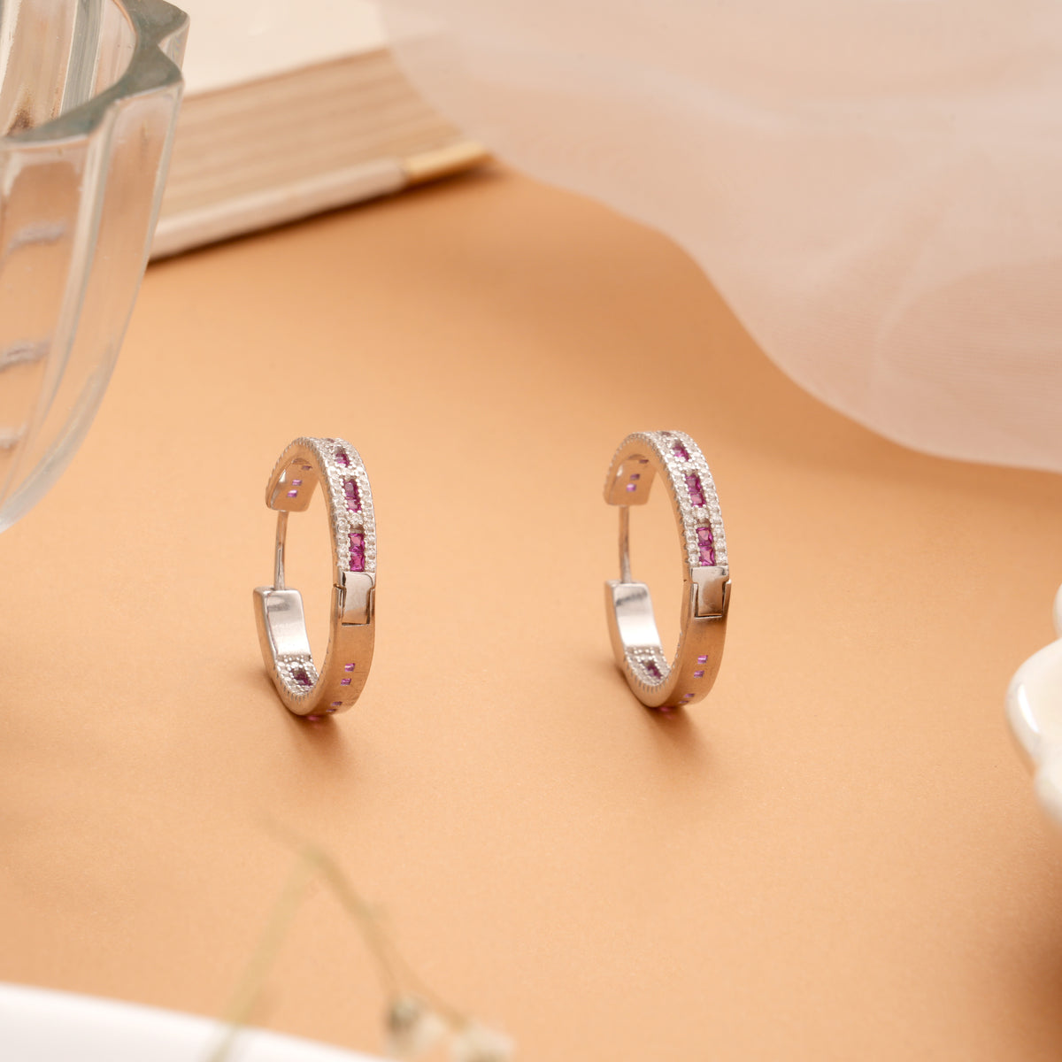 Exquisite Radiant Pink Stone Silver Hoop Earrings