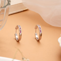 Exquisite Radiant Pink Stone Silver Hoop Earrings
