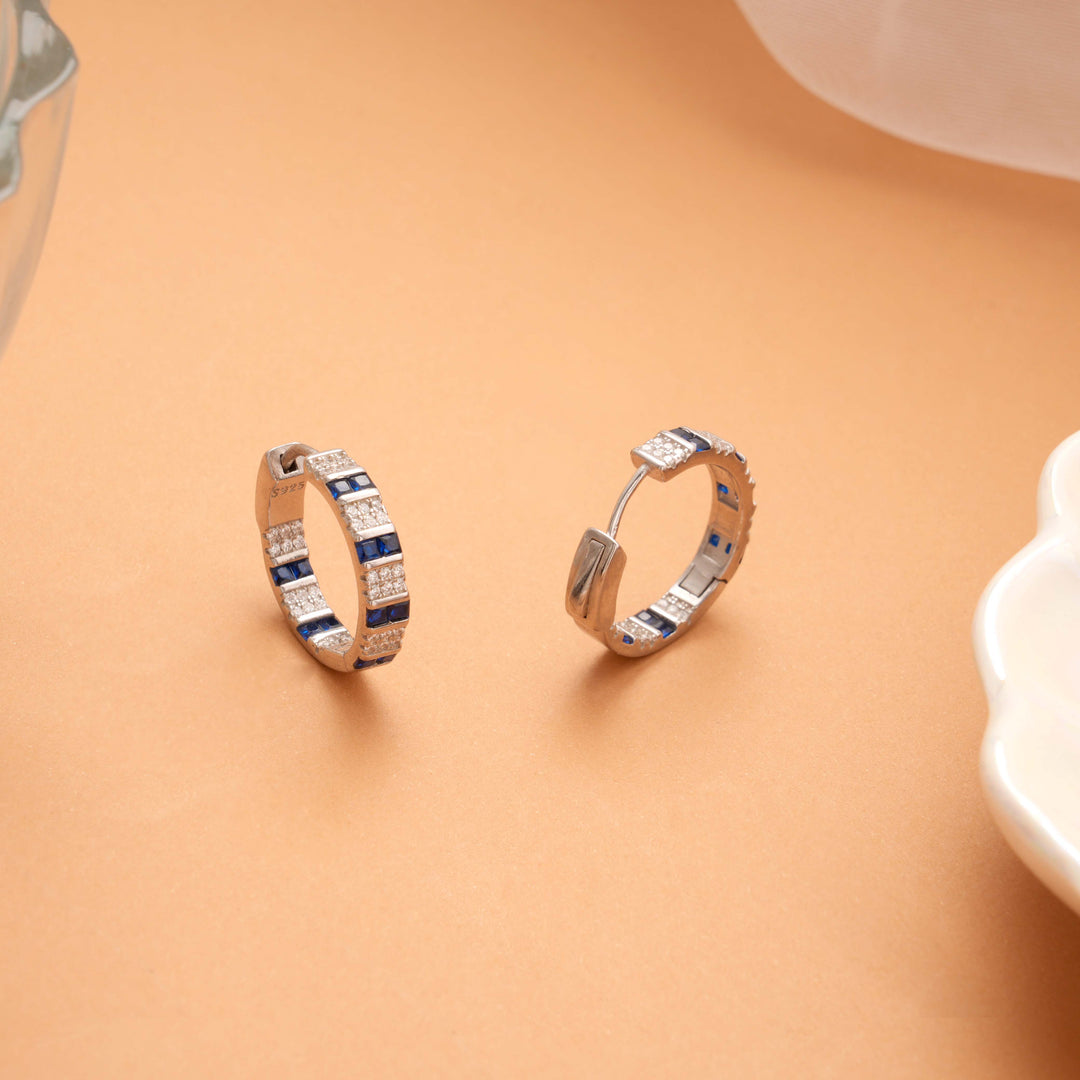 Premium Geometric Blue Stone Silver Hoop Earrings