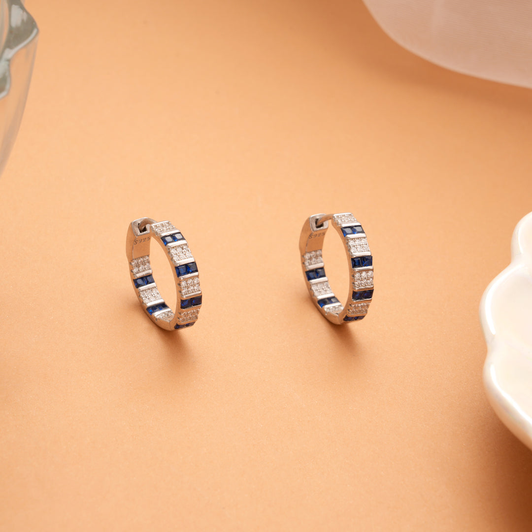Premium Geometric Blue Stone Silver Hoop Earrings