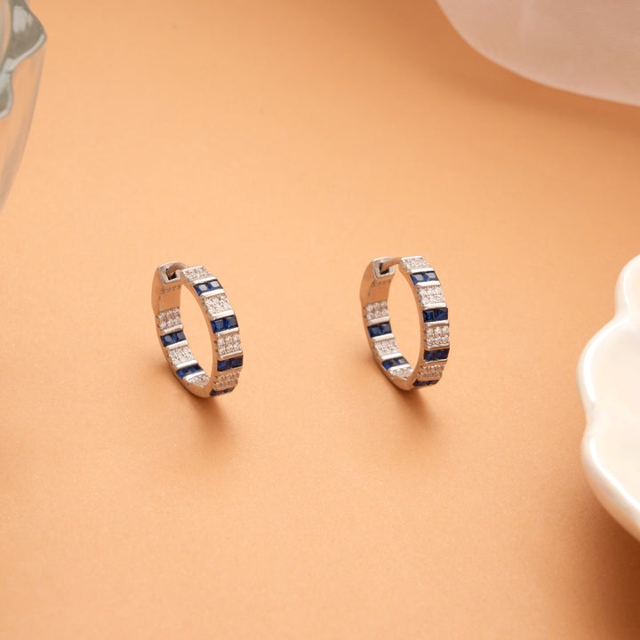 Premium Geometric Blue Stone Silver Hoop Earrings