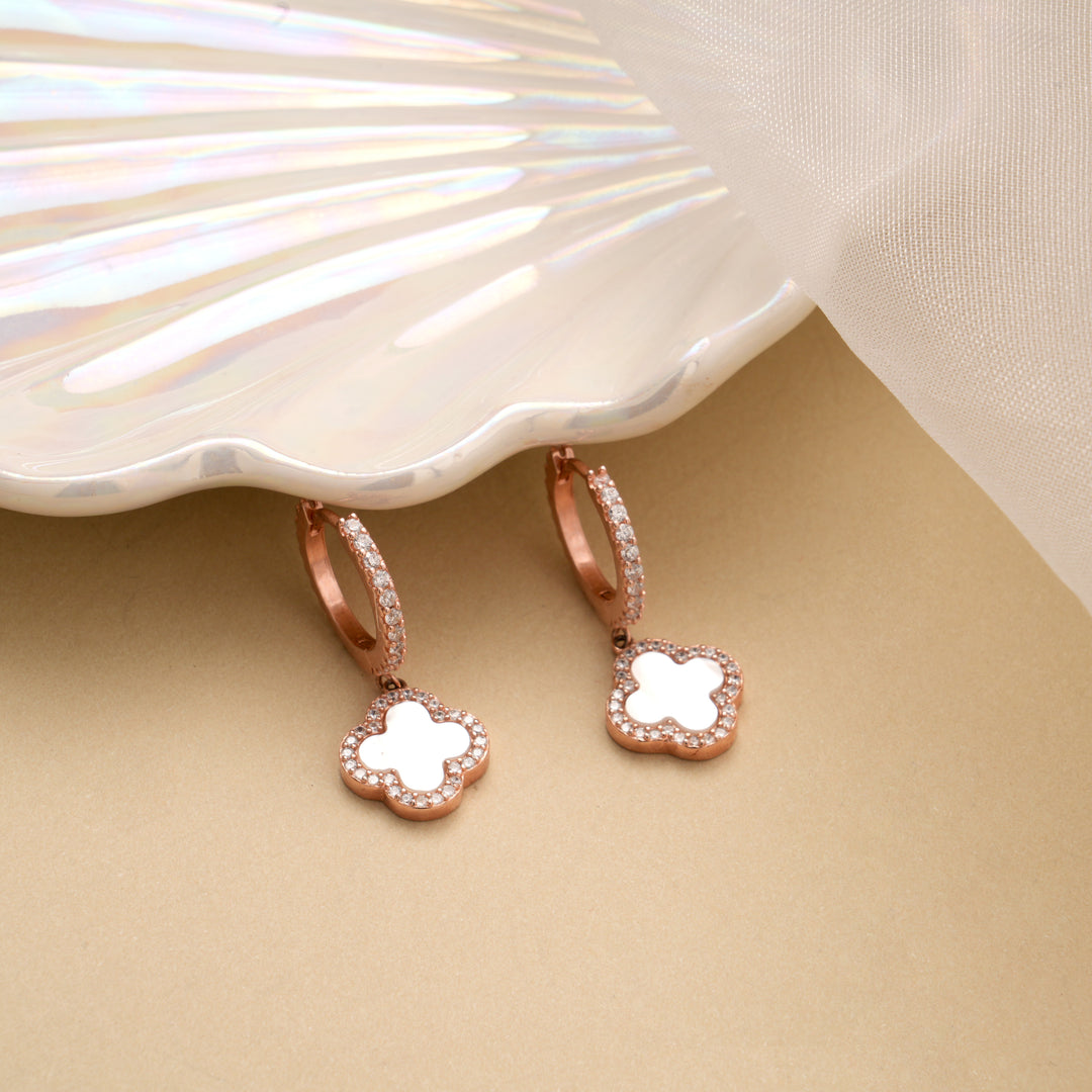 Enchanting Clover Flower Drop Rose Gold Hoop Earrings