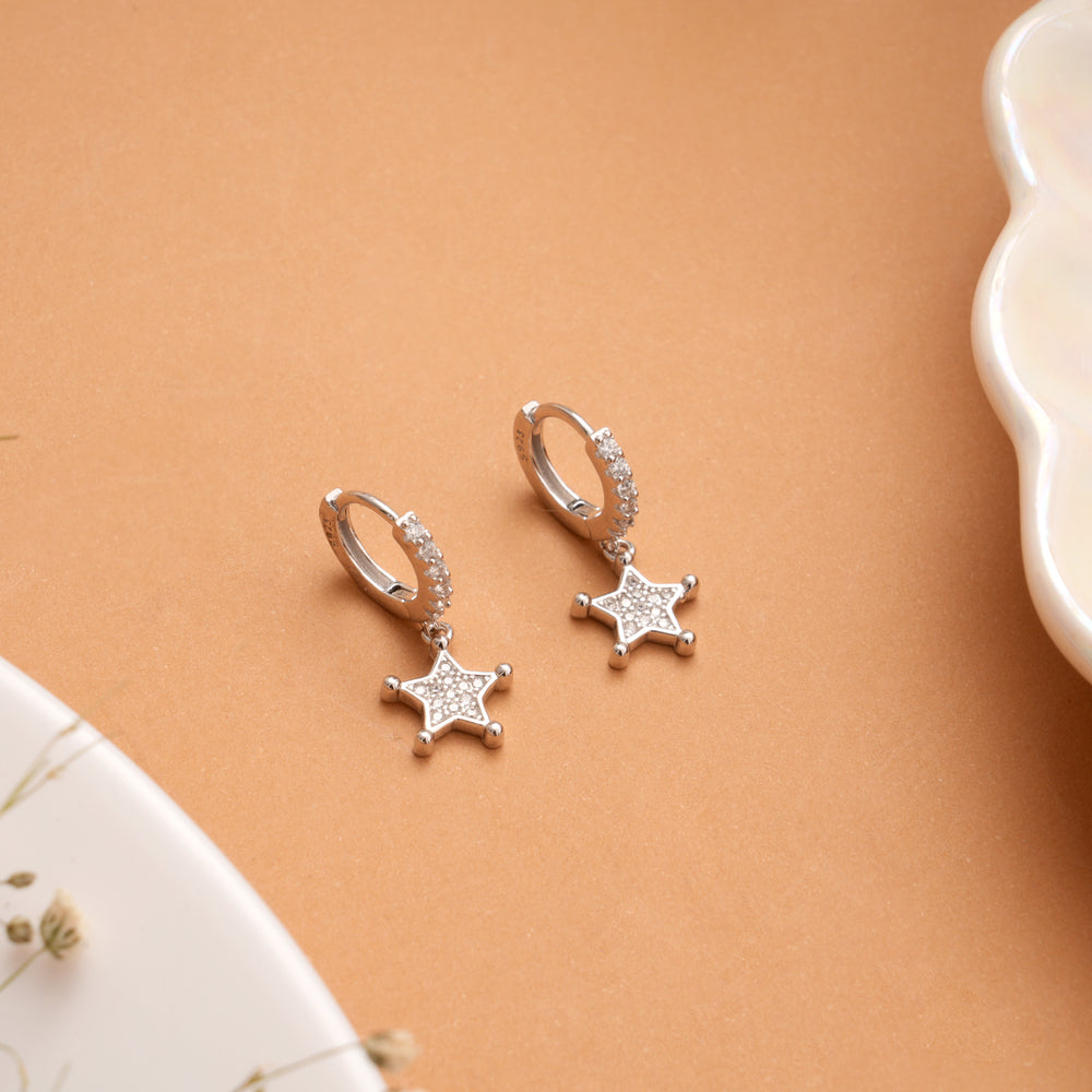Sparkling Star Charm Stone Drop Silver Hoop Earrings