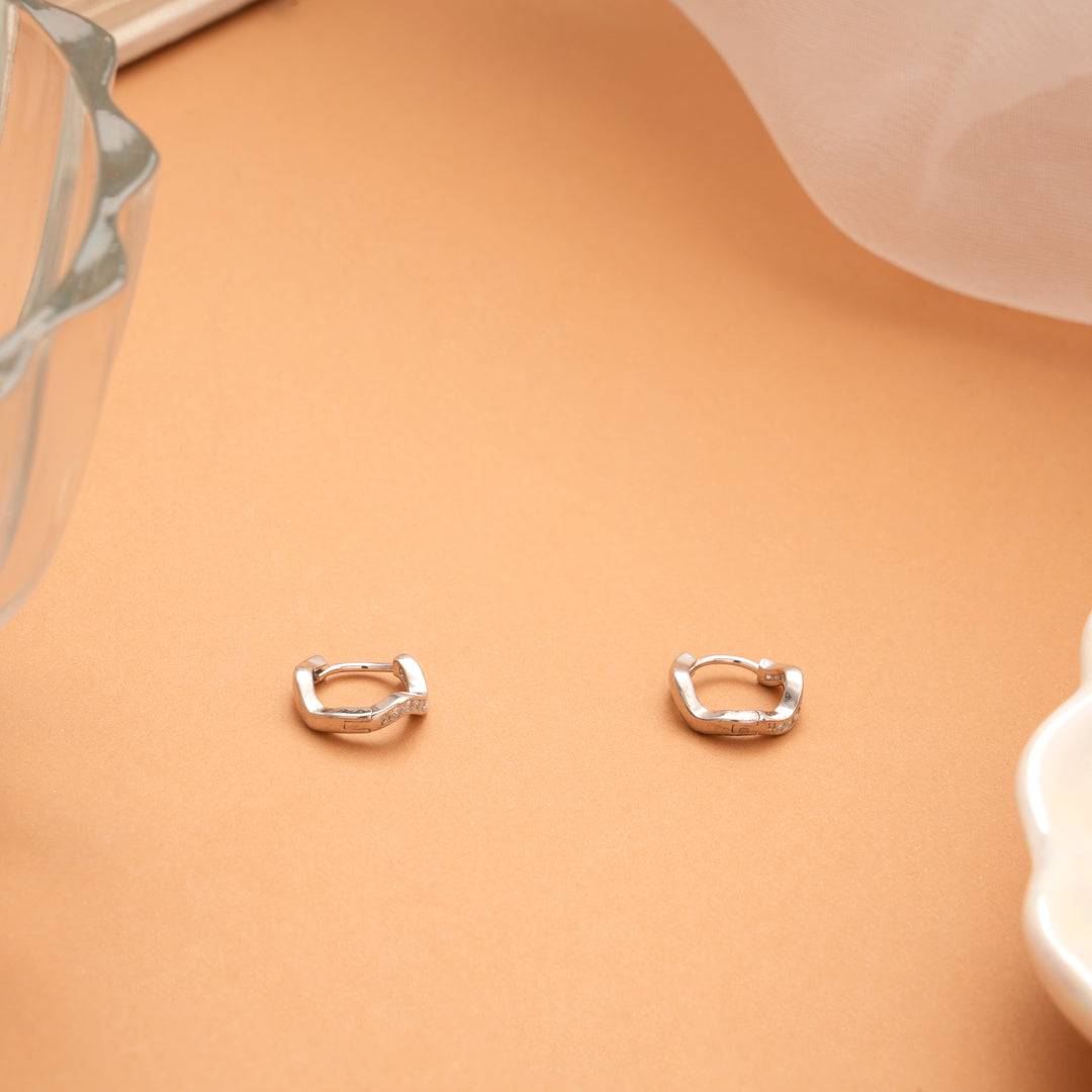 Elegant Curved Stone Silver Hoop Earrings
