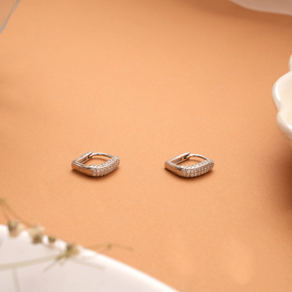 Minimal Square Stone Silver Hoop Earrings