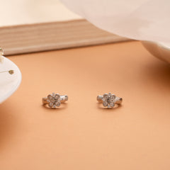 Charming Four Leaf Floral Stone Silver Hoop Earrings