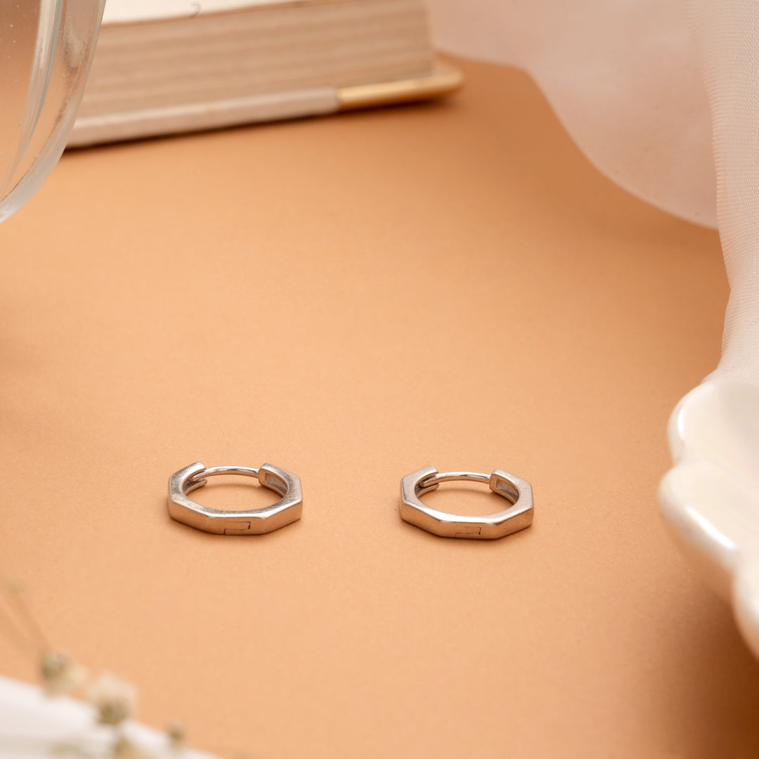 Modern Hexagon Shape Silver Hoop Earrings