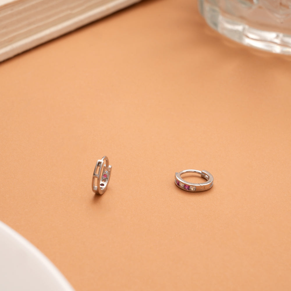 Graceful Pink Stone Silver Hoop Earrings