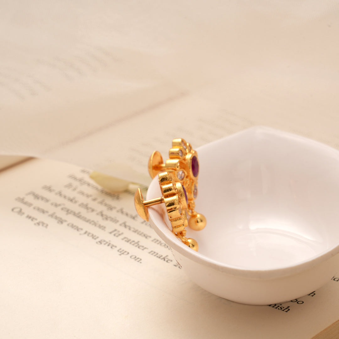 Elegant Blooming Ruby Flower Golden Earring