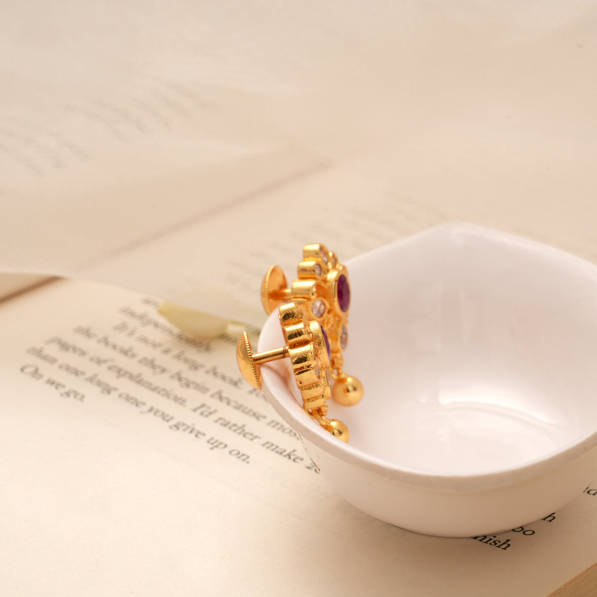 Elegant Blooming Ruby Flower Golden Earring
