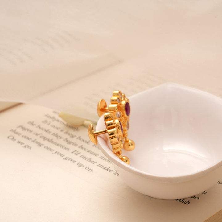 Elegant Blooming Ruby Flower Golden Earring