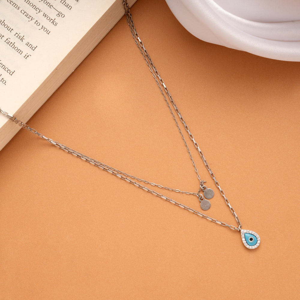 Elegant Evil Eye Tear Drop Silver Chain