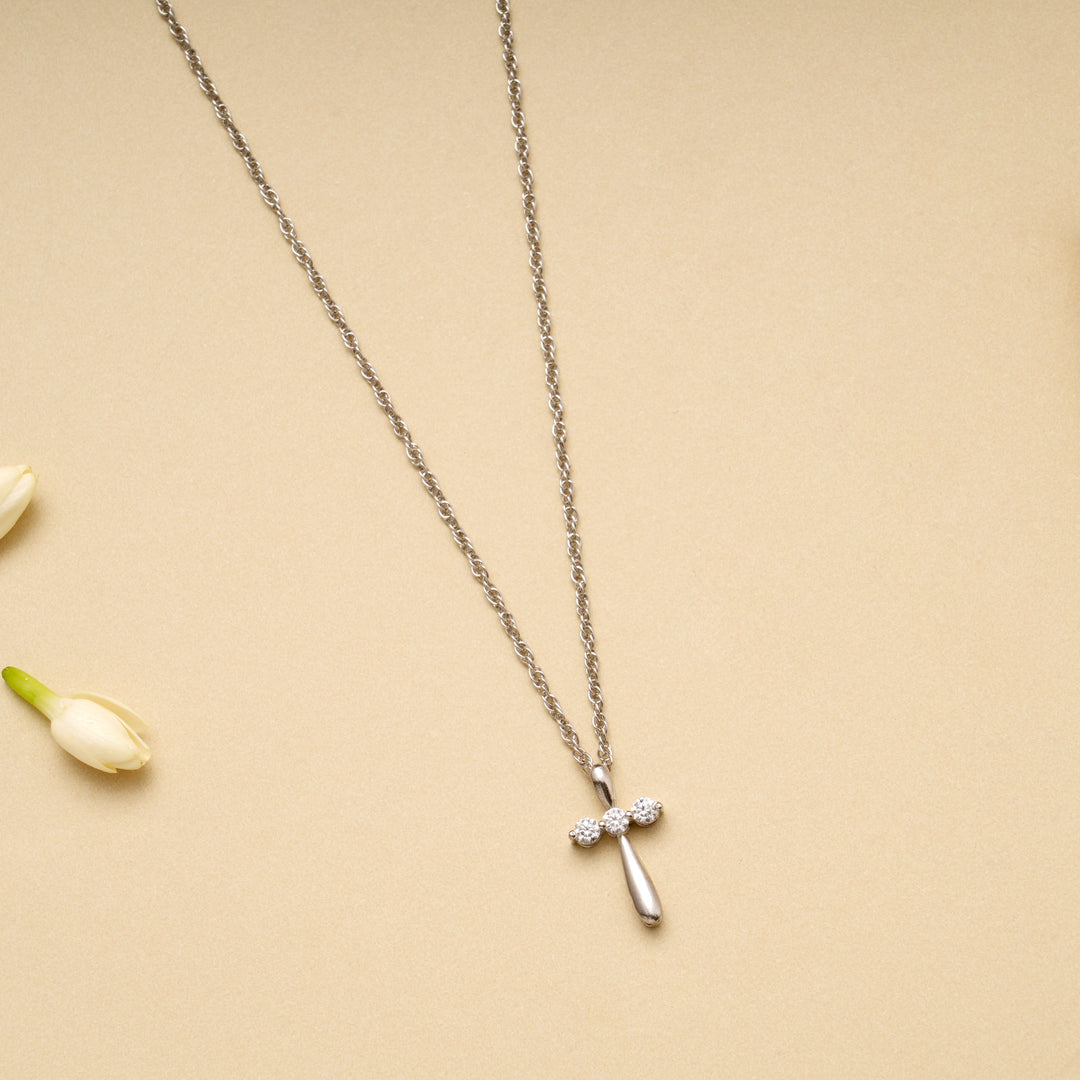 Holy Cross Pendant Triple Stone Silver Chain