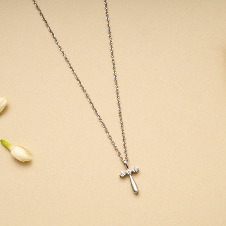 Holy Cross Pendant Triple Stone Silver Chain