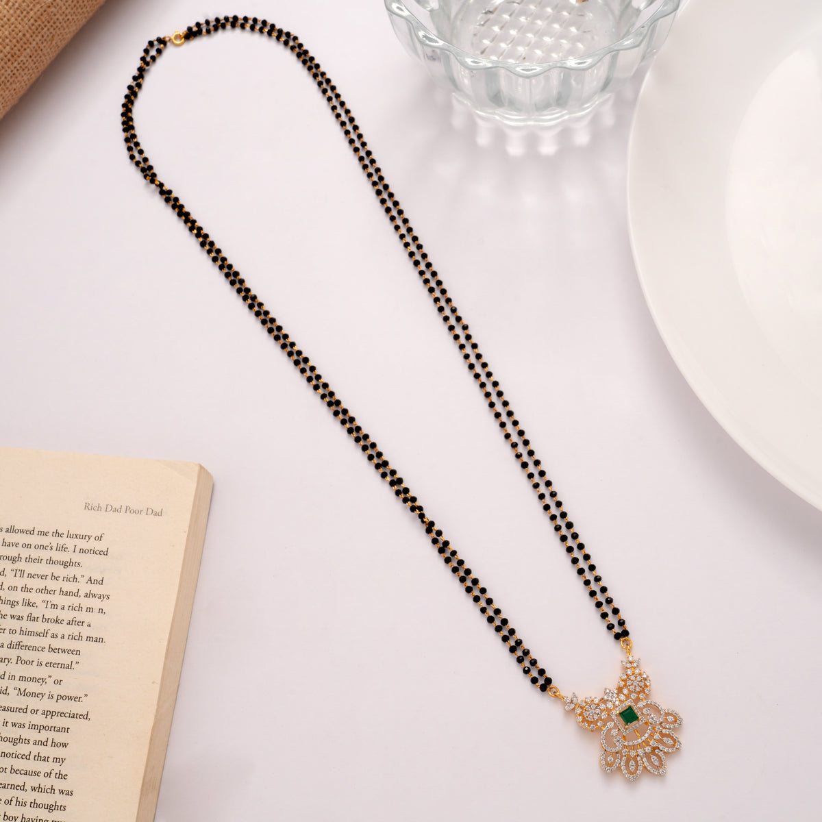 Elegant Emerald Stone Mangal Sutra Silver Chain
