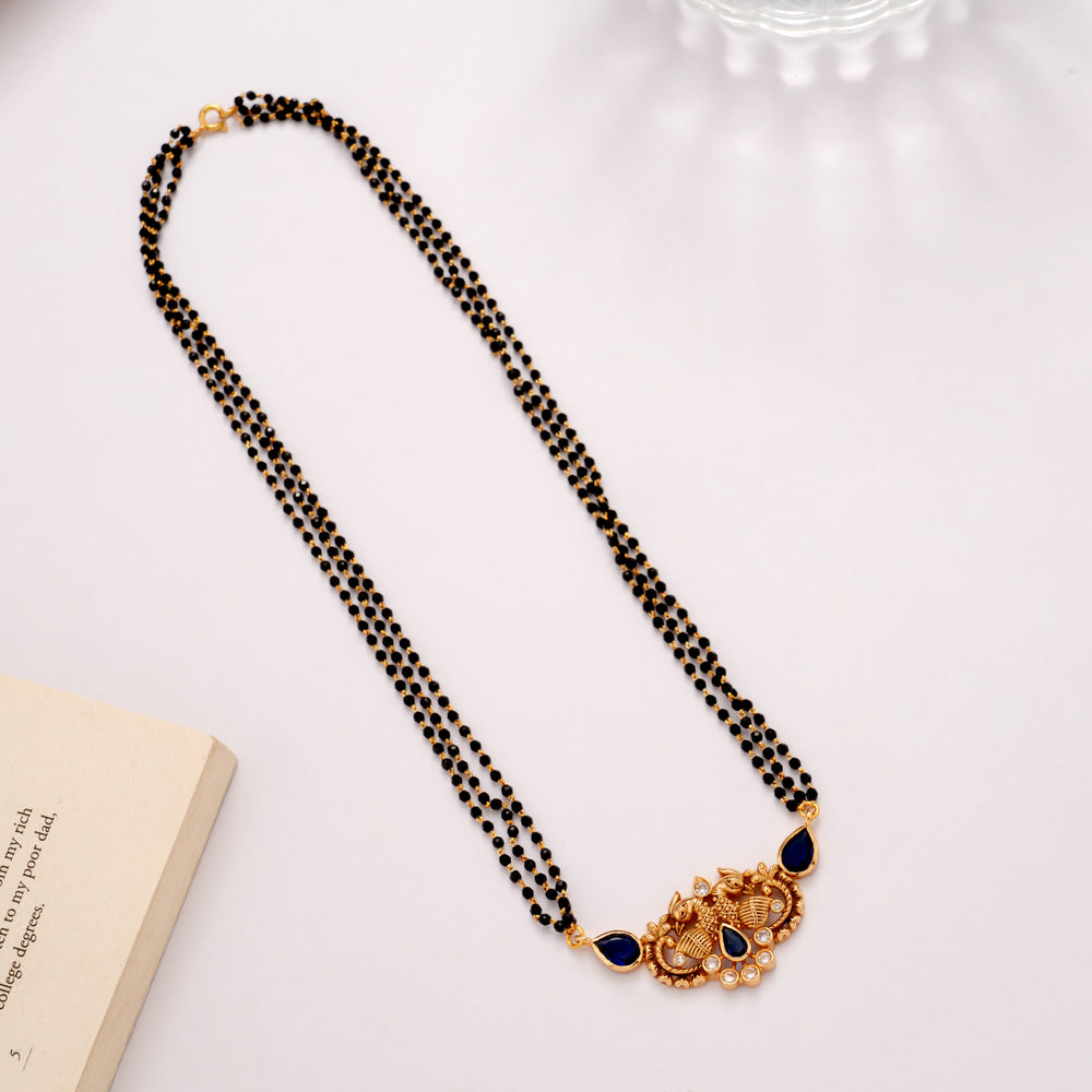 Antique Peacock Blue Stone Mangal Sutra Golden Chain