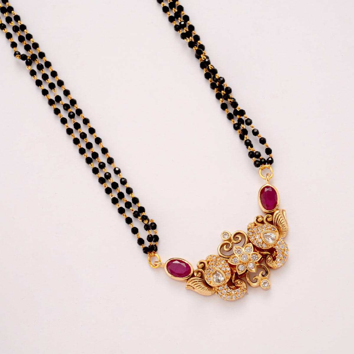 Dual Peacock Ruby Stone Mangal Sutra Golden Chain