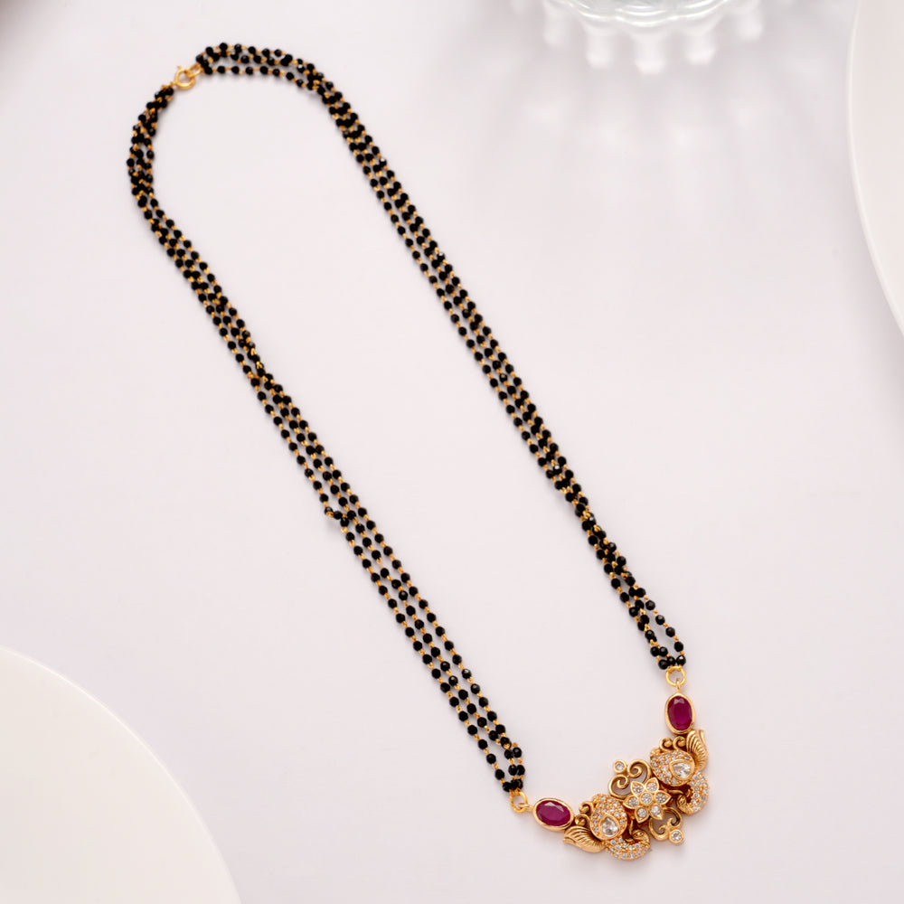 Dual Peacock Ruby Stone Mangal Sutra Golden Chain