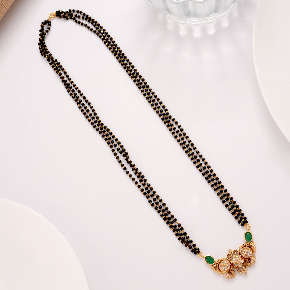 Floral Emerald Stone Mangal Sutra Golden Chain