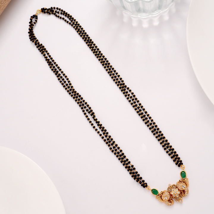 Floral Emerald Stone Mangal Sutra Golden Chain