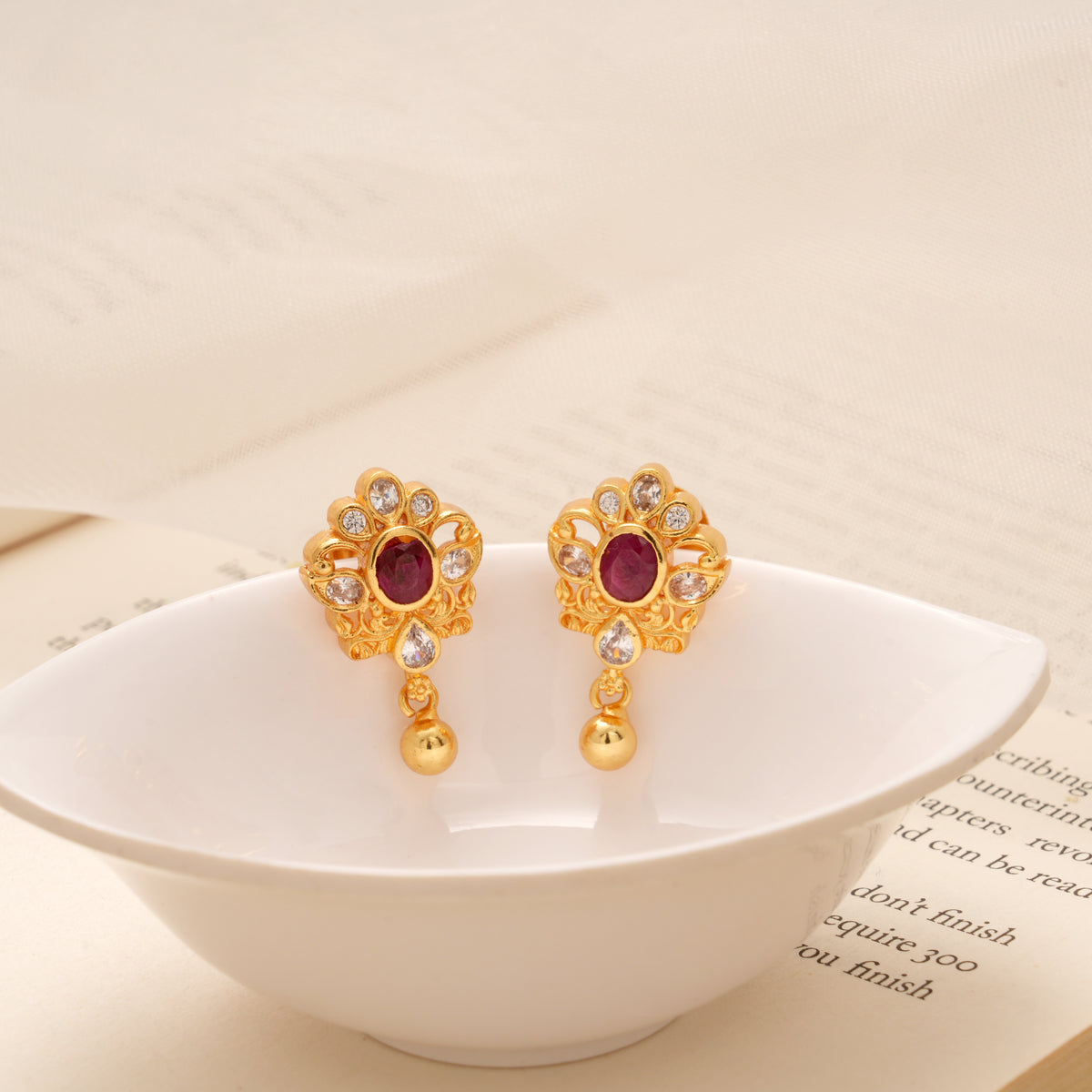 Elegant Blooming Ruby Flower Golden Earring