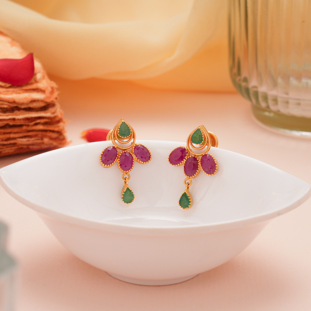 Elegant Triple Ruby Gold Tear Drop Earrings