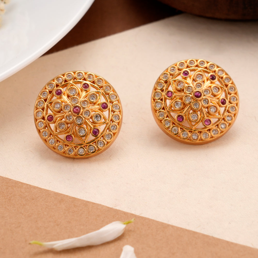Round Ruby and White Stone Kundan Stud