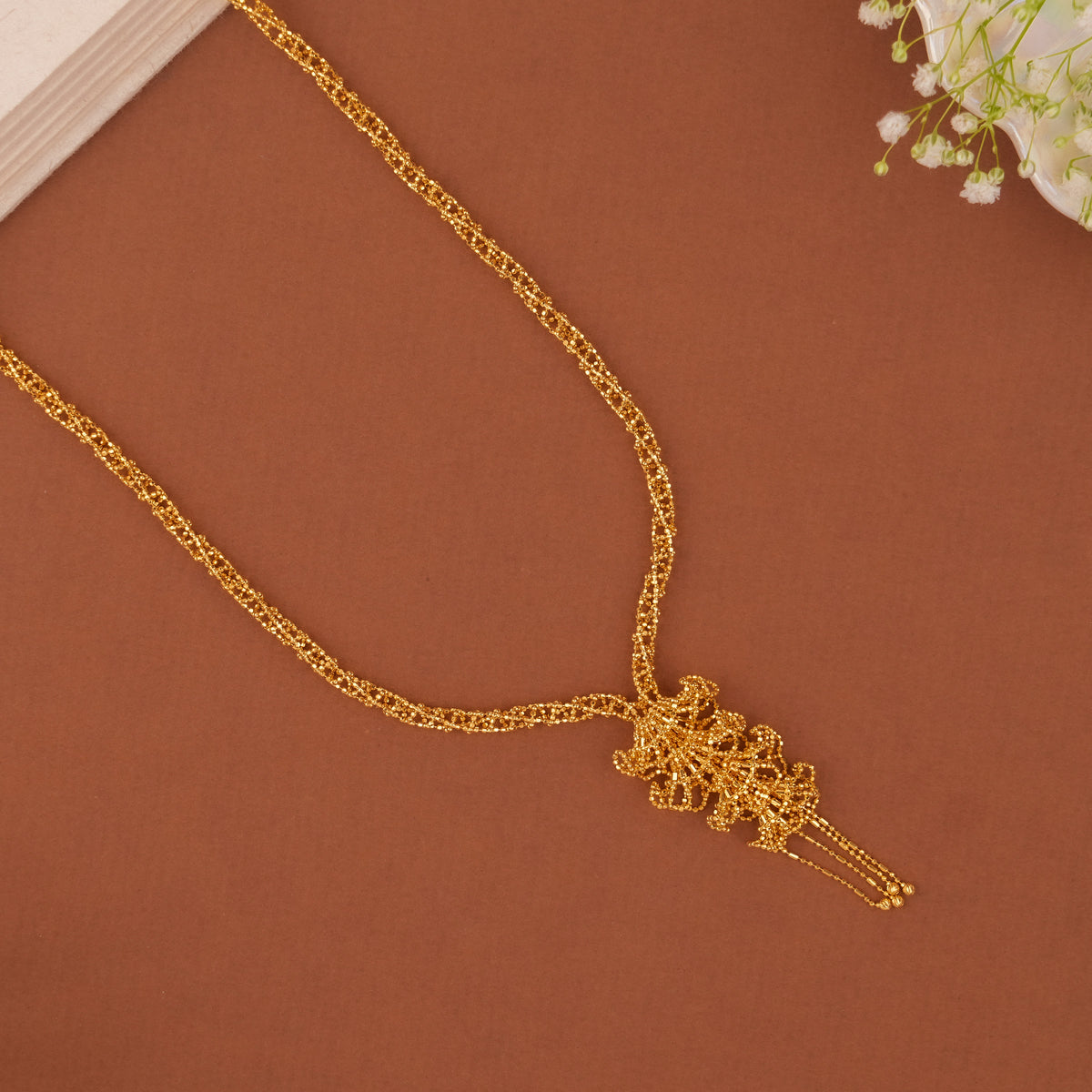 Gold Beaded Chain Necklace with Filigree Tassel Pendant