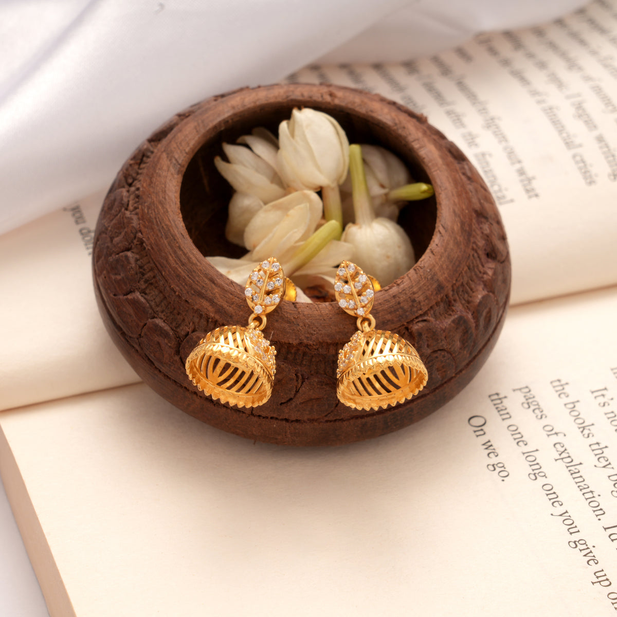 Vibrant Leaf Design Stone Golden Jhumkas