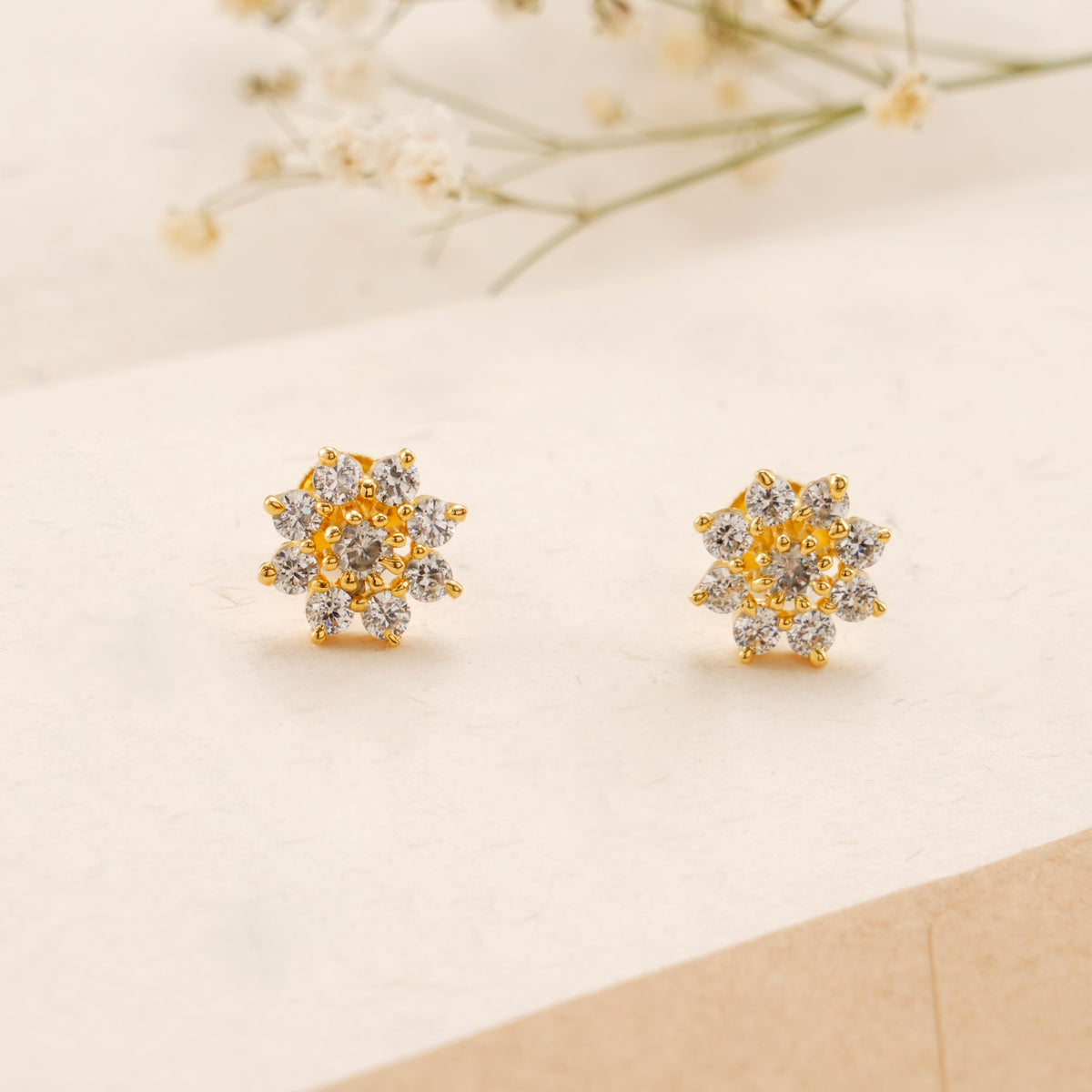 Blooming Flower White Stone Golden Earring
