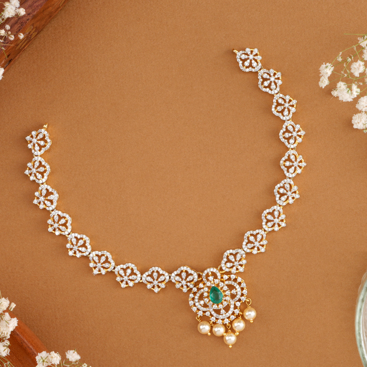 Emerald with Floral Design Swarovski Necklace