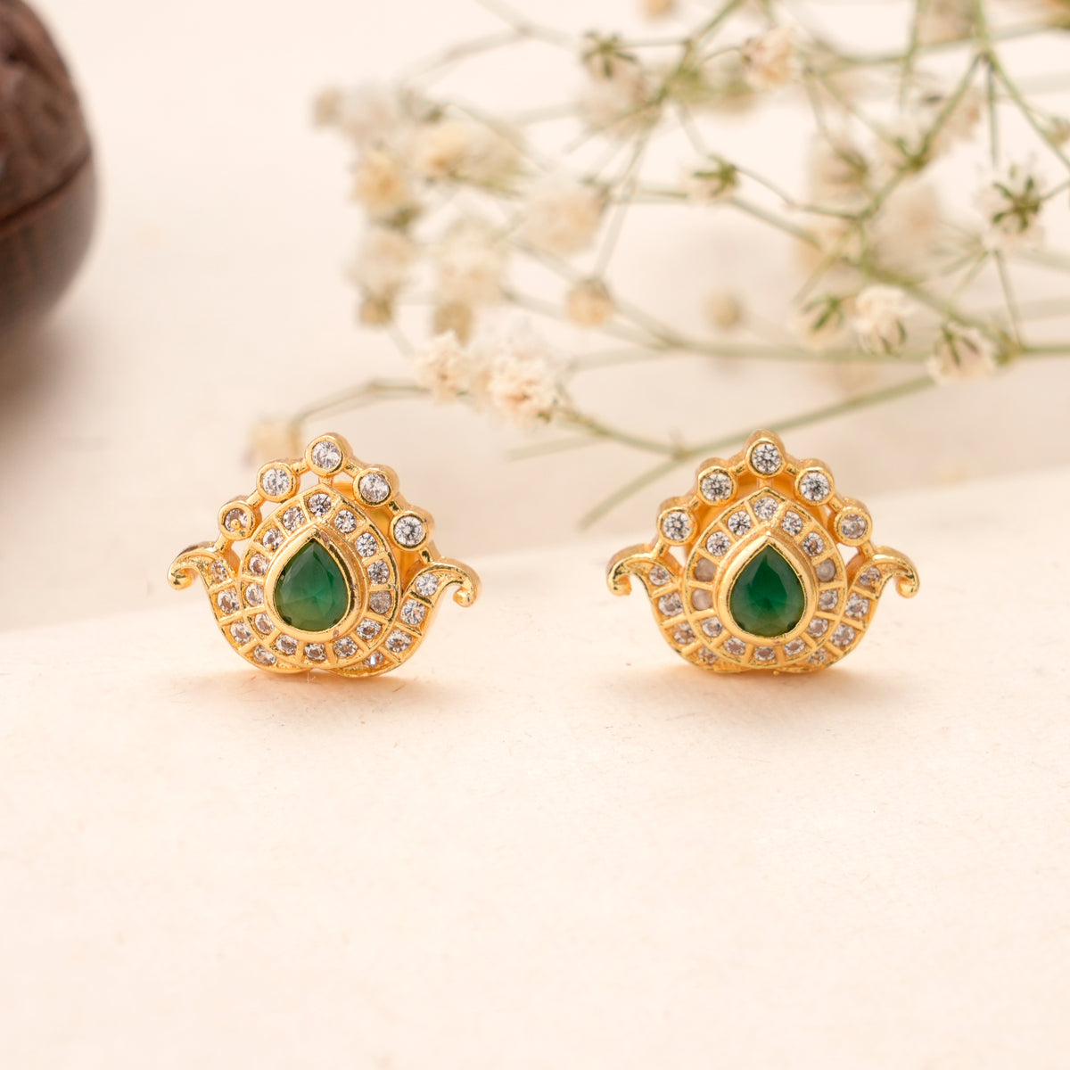 Leaf Emerald Gold Plated Swarovski Stud