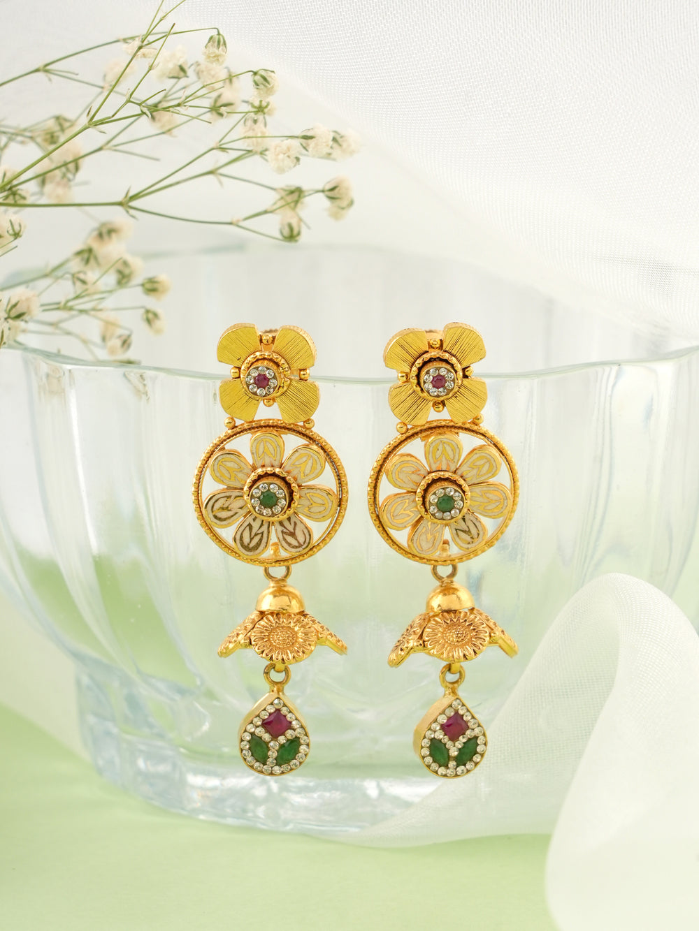Motif Floral and Wheel Gold Drop Earrings