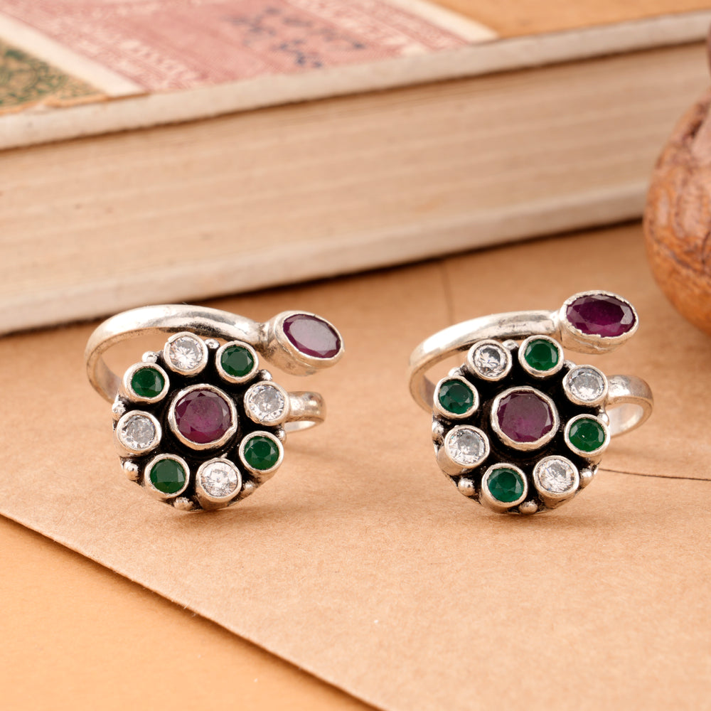 Emerald Floral Ruby Drop Silver Toe Ring