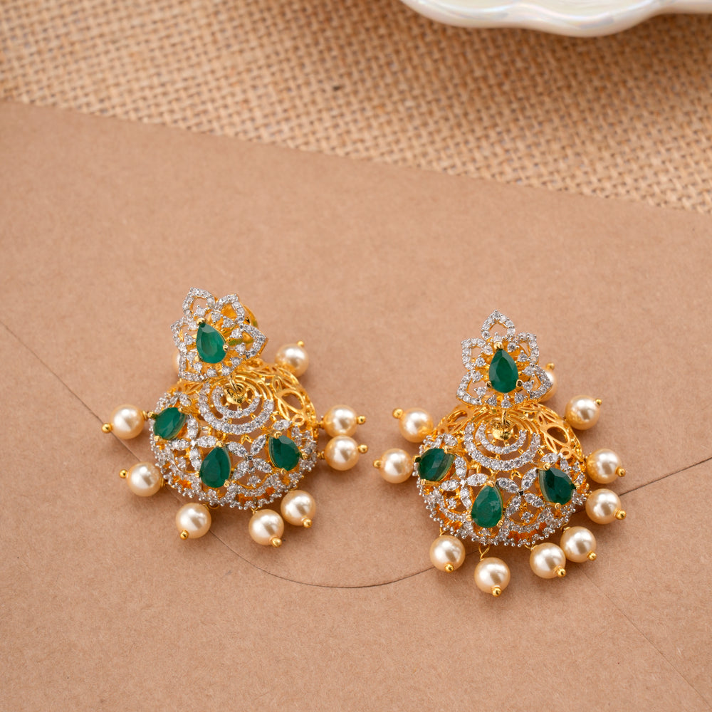 Elegant Emerald Pearl Drops Swarovski Jhumkas