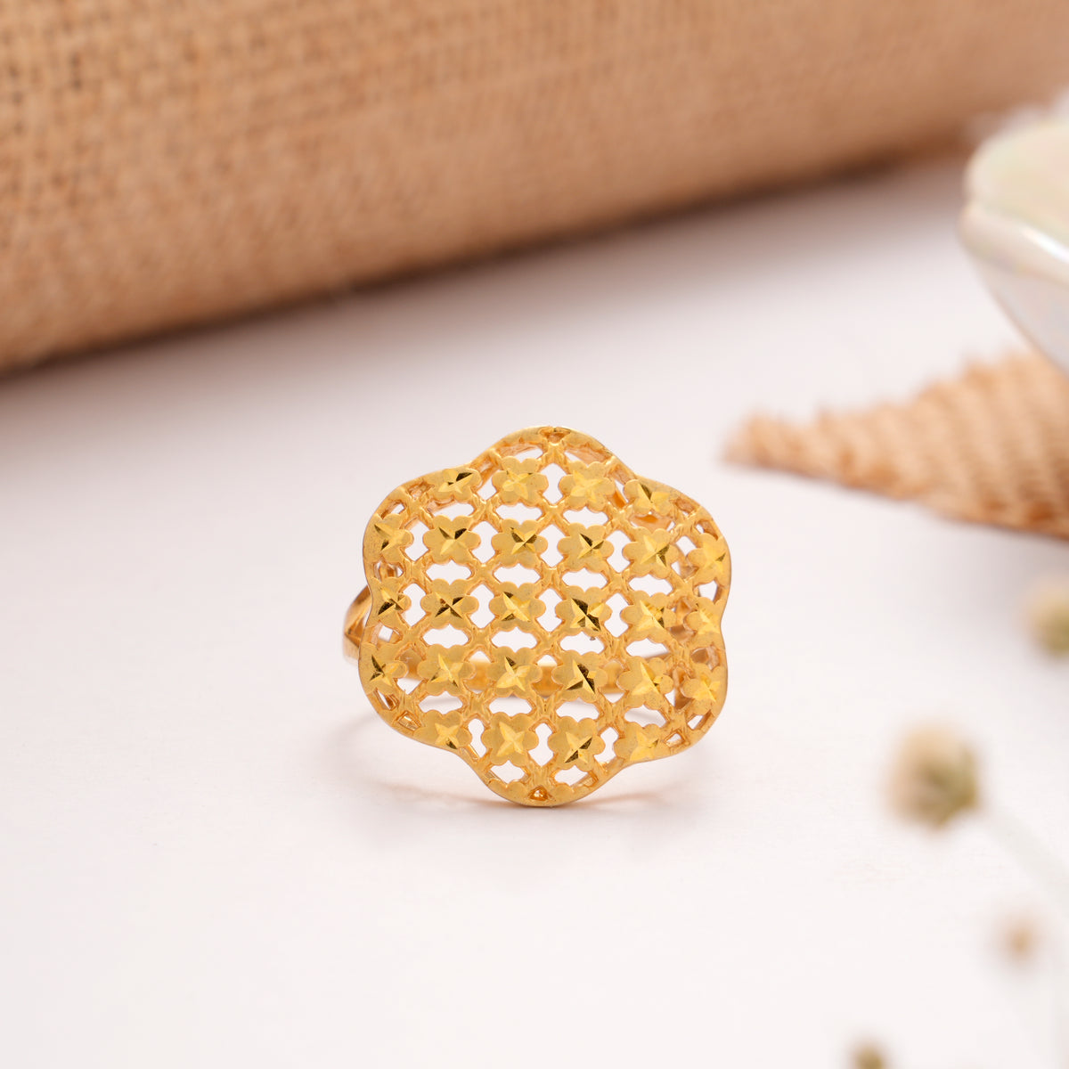 Royal Floral Jali Style Golden Ring