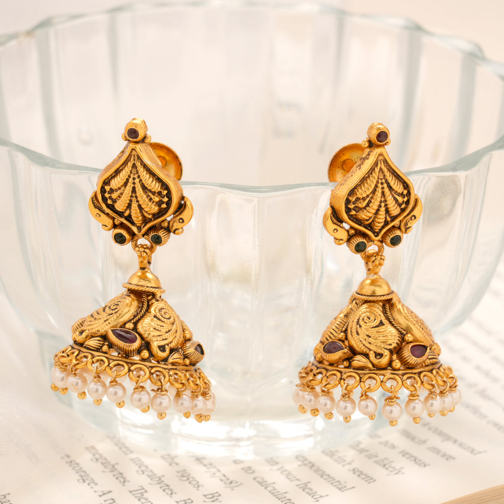 Lotus Temple Antique Golden Jhumka