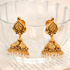Lotus Temple Antique Golden Jhumka