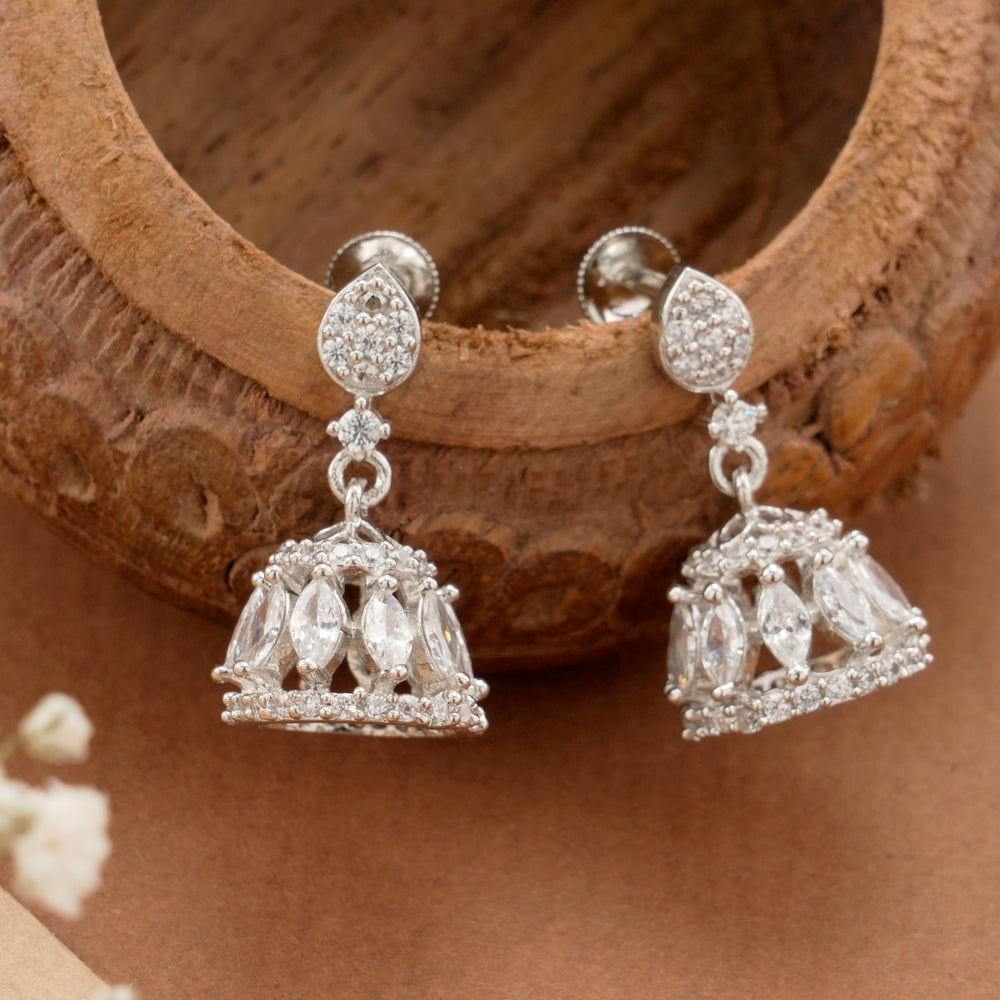 Sparkling White Stone Bell Shape Silver Jhumkas