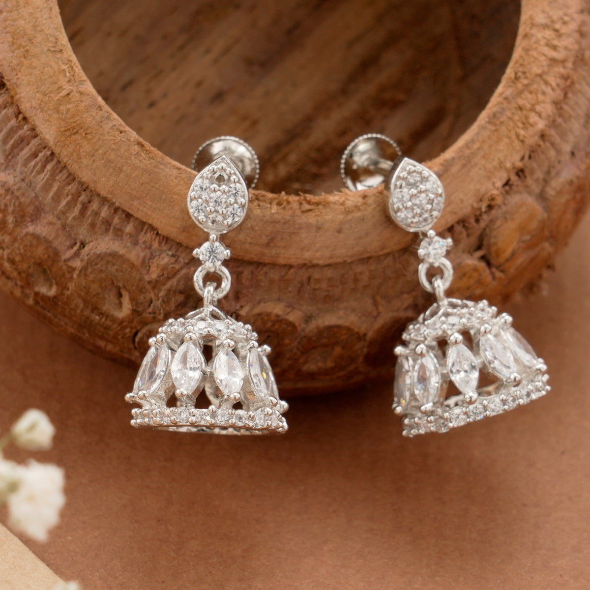 Sparkling White Stone Bell Shape Silver Jhumkas