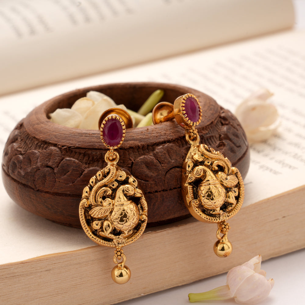 Beautiful Peacock Drops Golden Ruby Stone Earrings