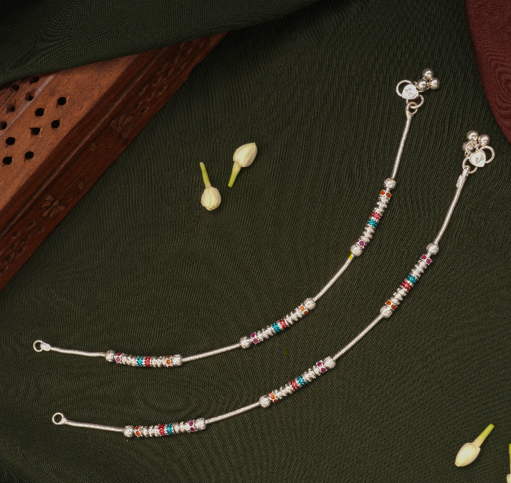 Colourful Enamel Square Beaded Design Silver Anklets
