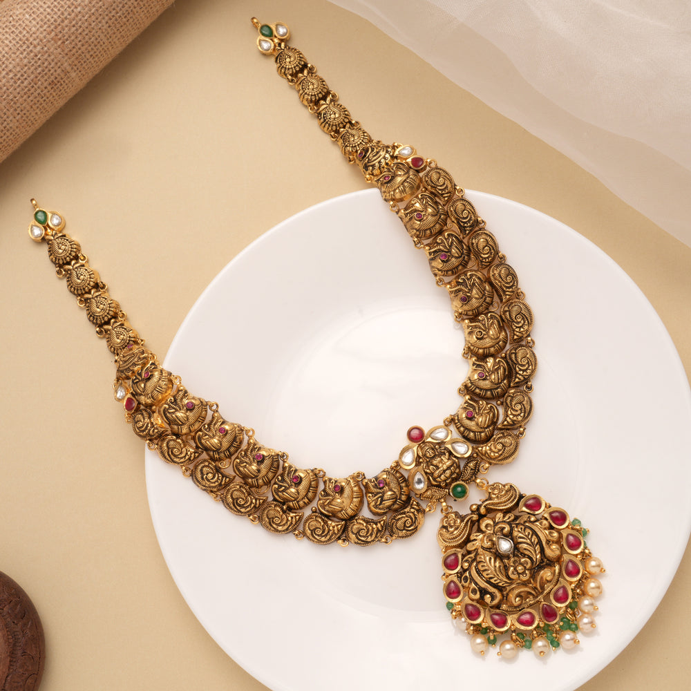 Antique Kundan Stone Pendant Pearl Drops Golden Haram