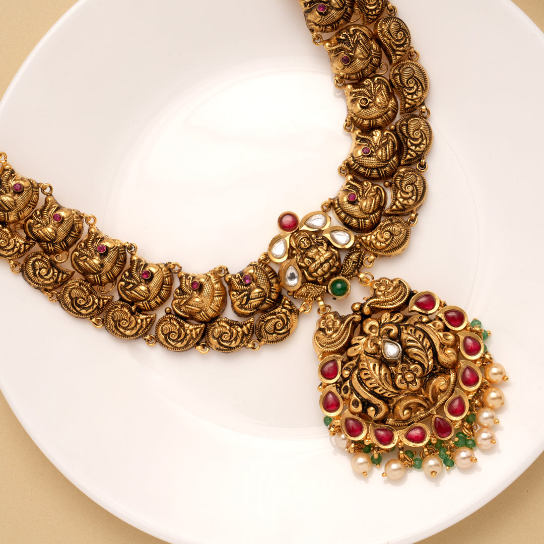 Antique Kundan Stone Pendant Pearl Drops Golden Haram