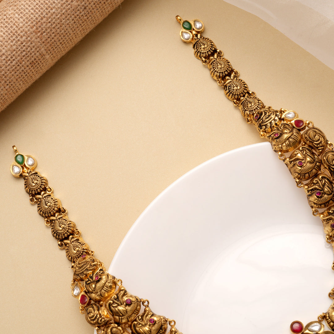Antique Kundan Stone Pendant Pearl Drops Golden Haram