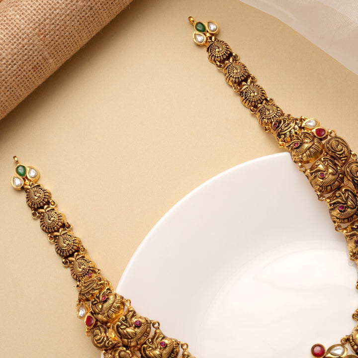 Antique Kundan Stone Pendant Pearl Drops Golden Haram