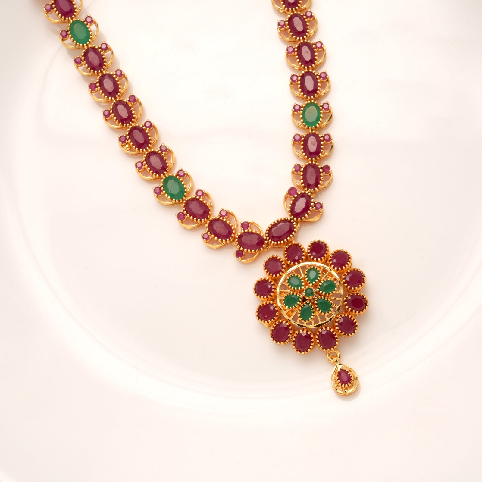 Ethnic Emerald with Ruby Stone Golden Necklace